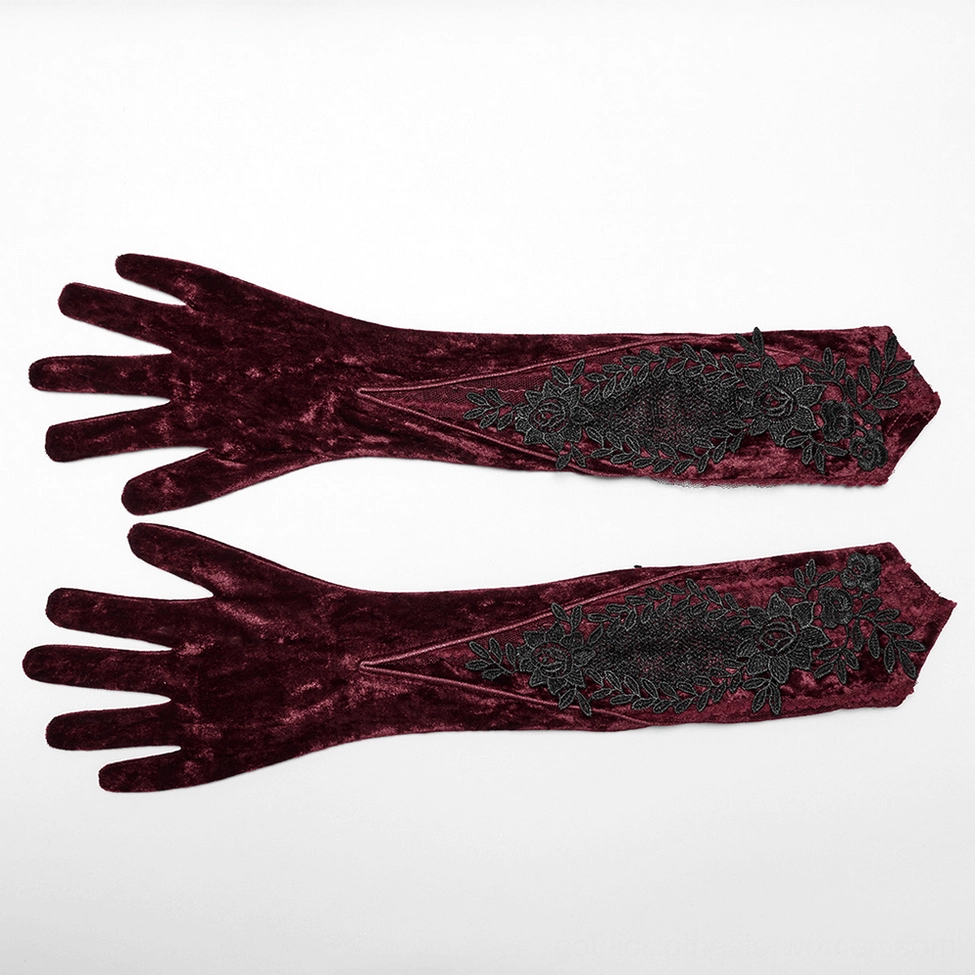 burgundy crushed velvet opera gloves with black lace forearm detail displayed flat on white background