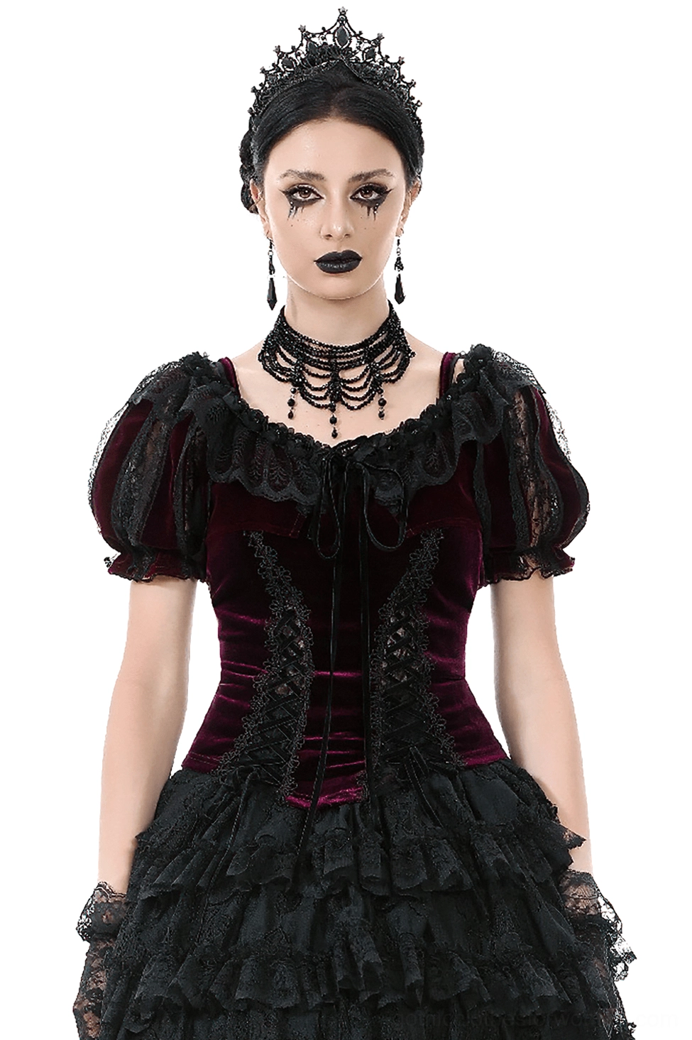 Burgundy Victorian bolero shrug with black lace and rose appliqué worn by goth model in front full-body shot