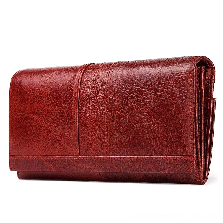 Burgundy unfolded long leather wallet clutch showing textured genuine leather interior with stripe binding trim design