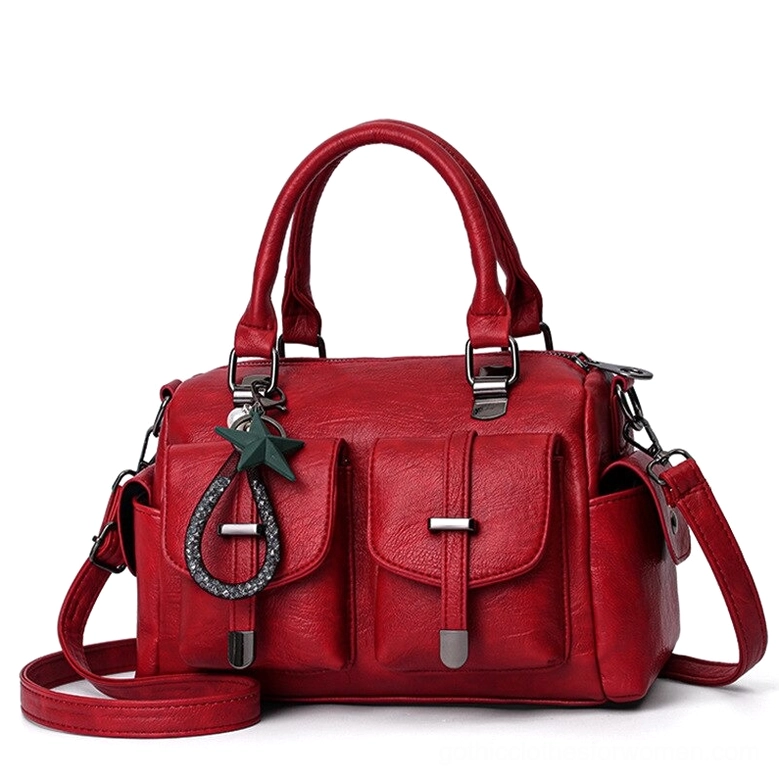 Burgundy wine red leather gothic handbag with detachable star pendant and multi-compartment organization