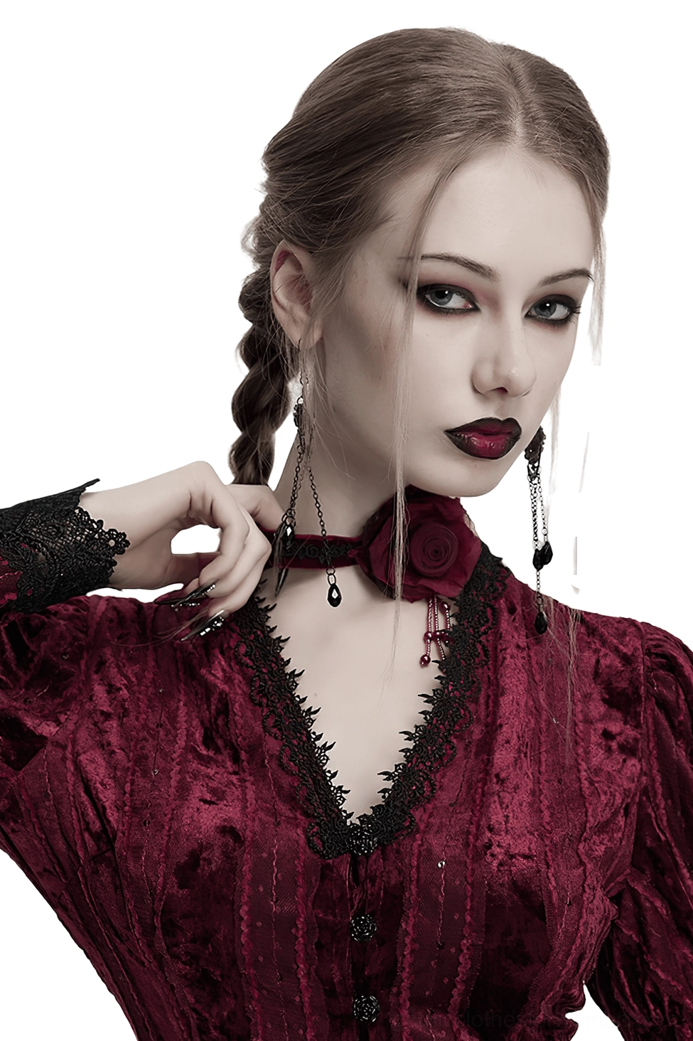 Burning Rose Gothic Choker with burgundy velvet and black lace detail worn by model with gothic makeup and braids