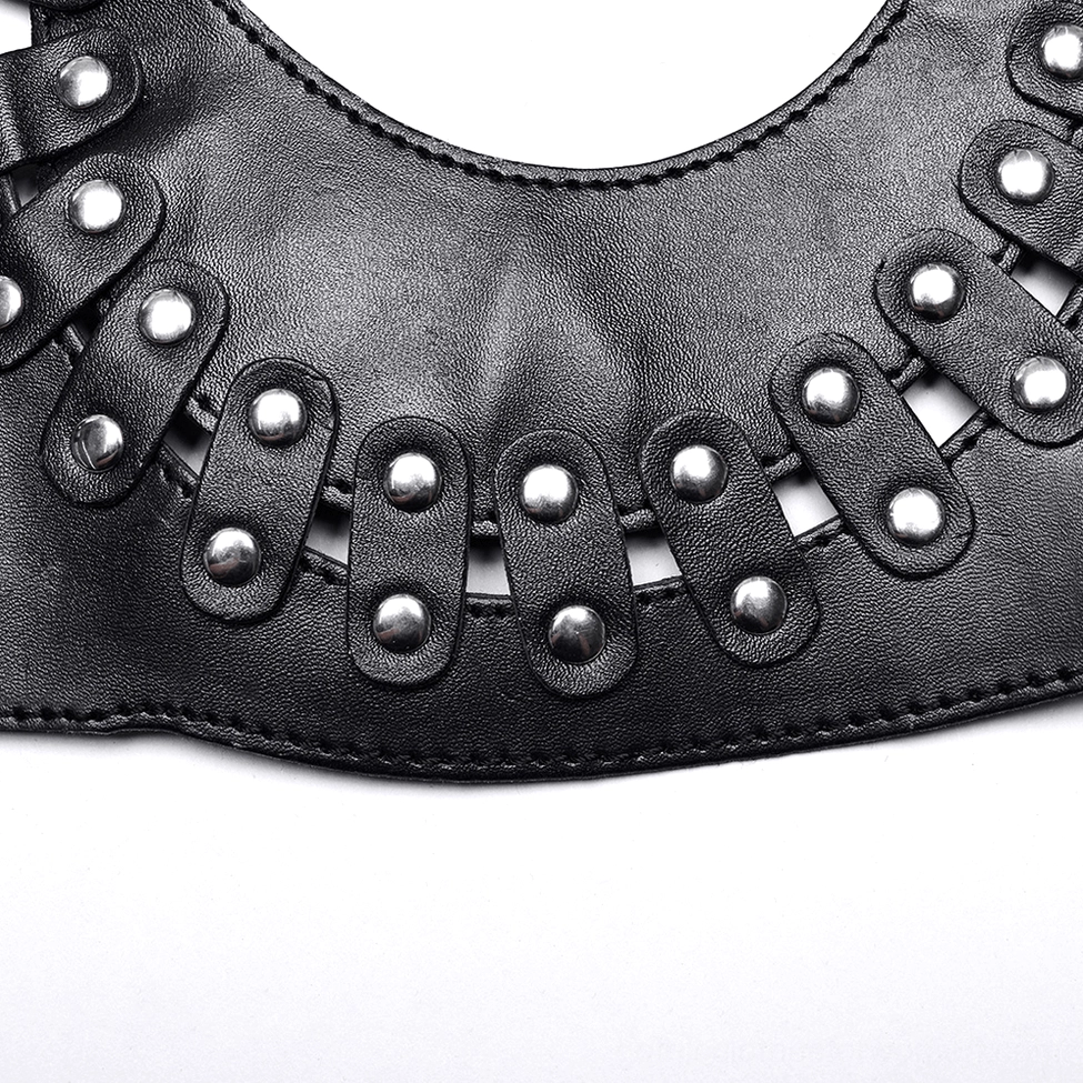 Bustier waist panel close-up detail showing black faux leather with metal stud decorations and precision stitched seams