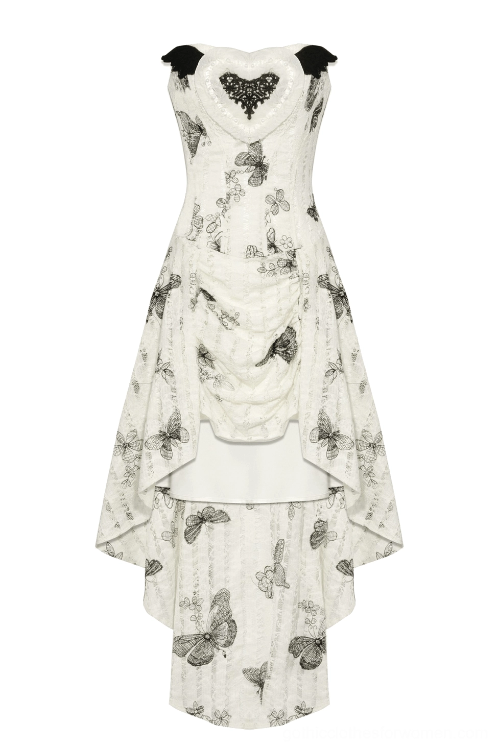 Flat display of black butterfly gothic dress showing heart-shaped lace neckline detail, asymmetric hem, and butterfly print patterns