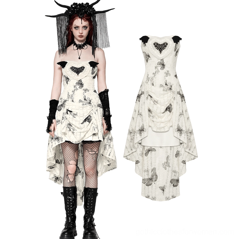 Black butterfly off-shoulder gothic dress flat lay display showing heart lace bust detail and front silhouette with full-body model view