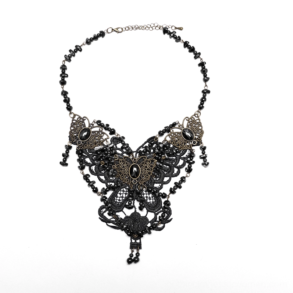 Hanging display of gothic butterfly necklace showing adjustable bronze metal chain and clasp detail