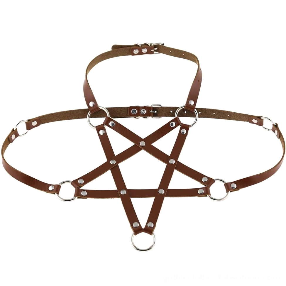 Camel brown PU leather pentagram harness flat lay with silver metal ring accents and adjustable straps