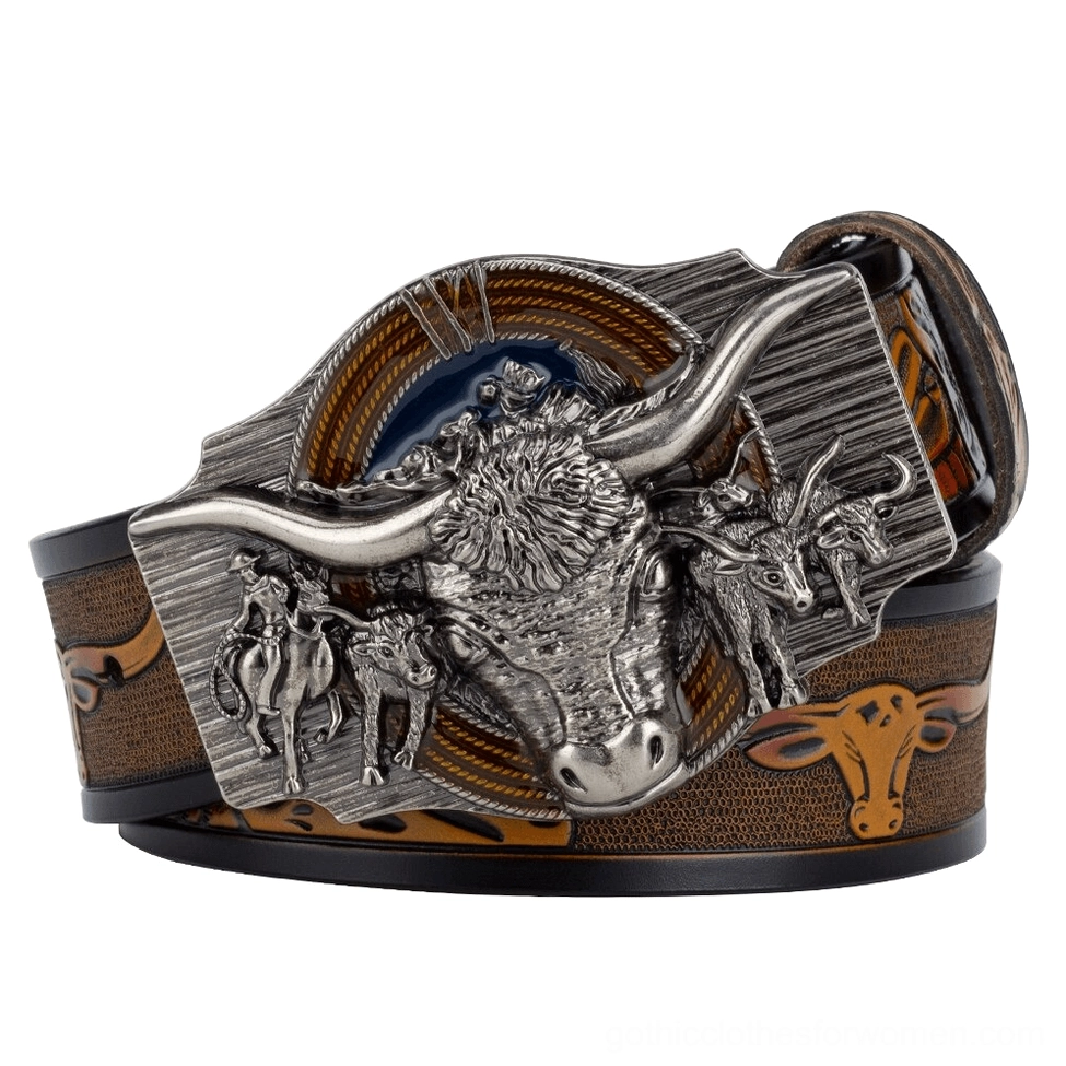 Camel brown embossed gothic bull belt with silver buckle, alternative fashion accessory, three-quarter view