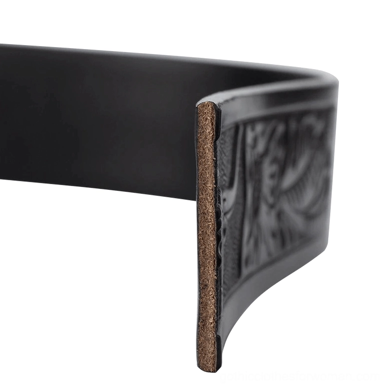 Camel gothic bull head leather belt profile view, silver occult buckle, alternative fashion accessory