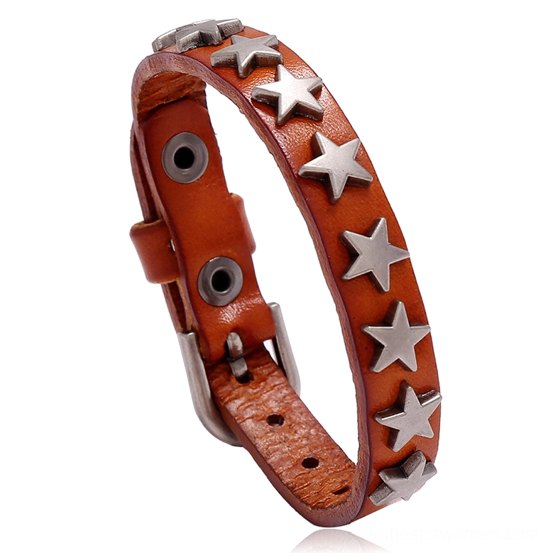 Camel gothic star leather bracelet front view with adjustable belt buckle closure and prominent silver star rivets
