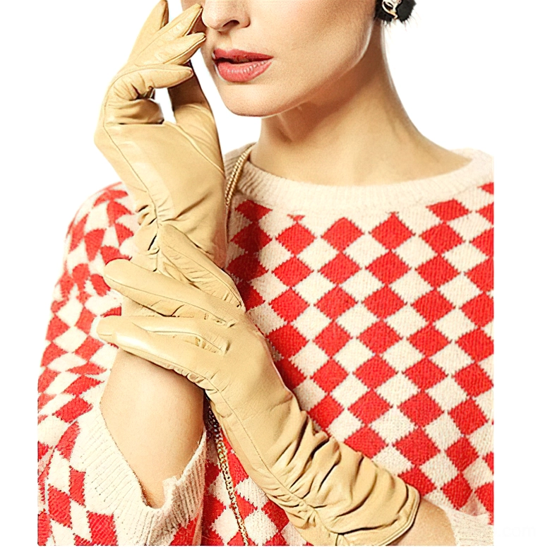 Camel colored goatskin leather gloves with ruched wrist detail, full finger gothic style