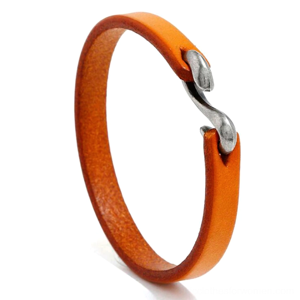 Camel tan genuine leather narrow cuff bangle with vintage hook clasp - dark aesthetic bracelet side view