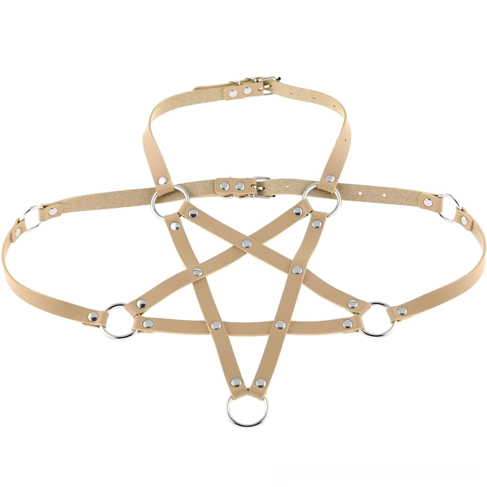 Camel tan PU leather pentagram chest harness with adjustable chain necklace and metal buckle components