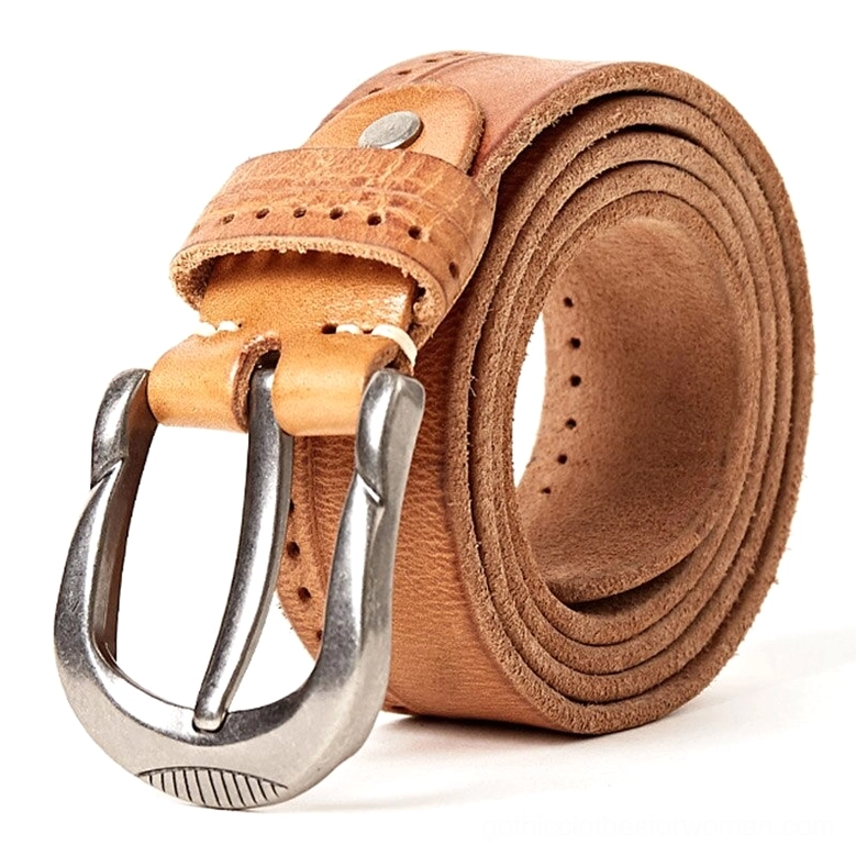 Camel tan alternative leather belt with metal buckle and leather keeper loop, casual goth style, studio view