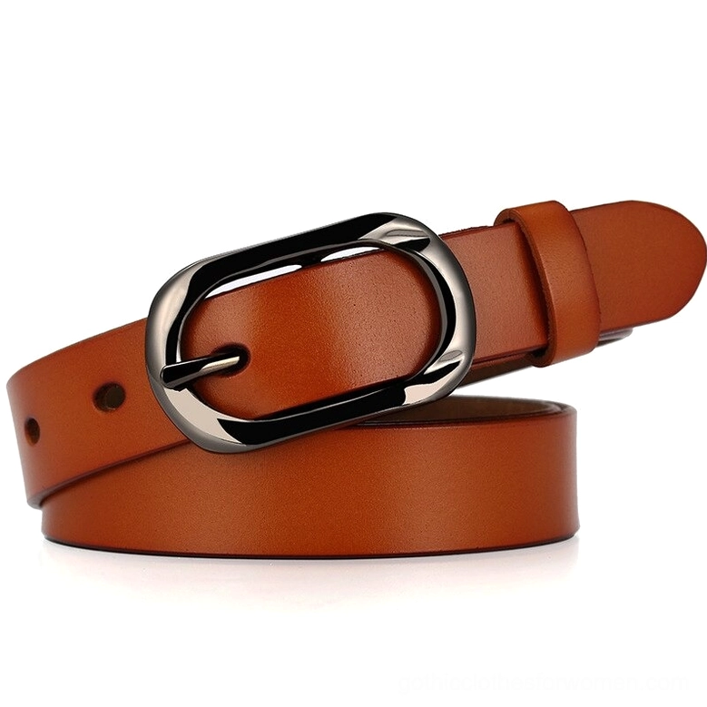 Camel tan genuine leather gothic belt with silver buckle, studio photography