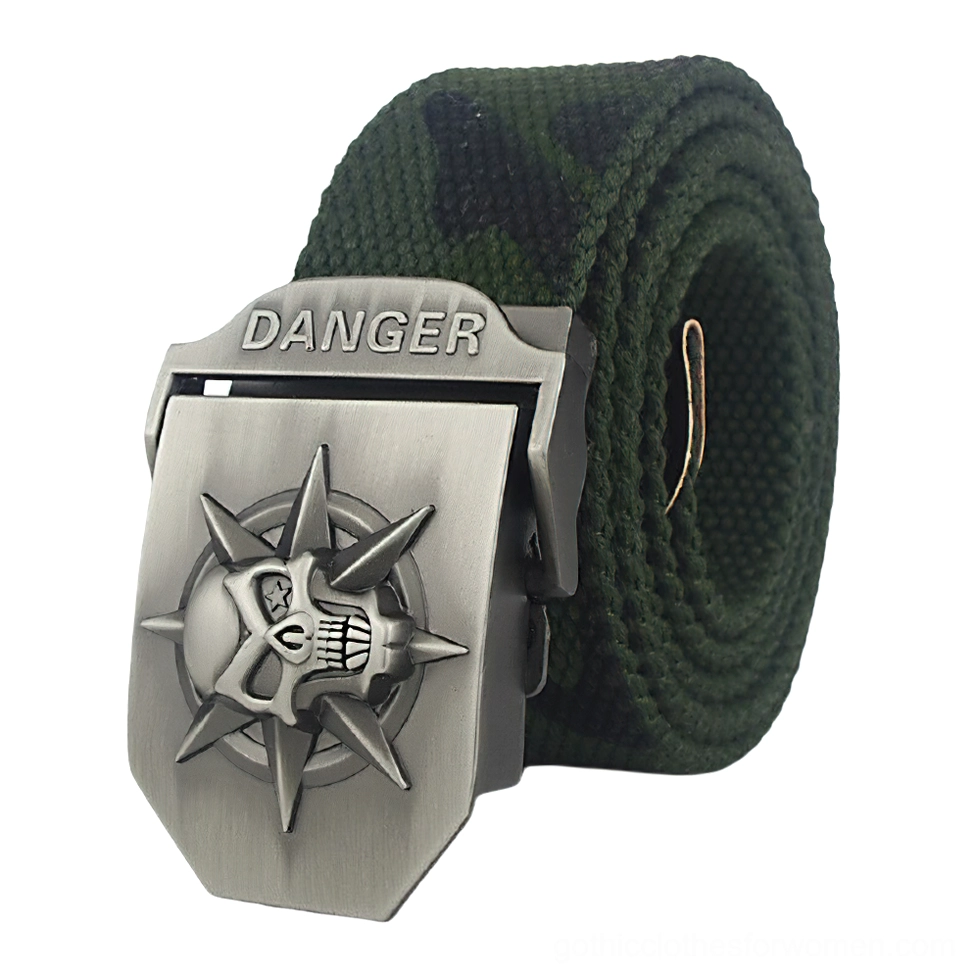 Camouflage green canvas punk belt featuring antique silver spiked skull gothic buckle