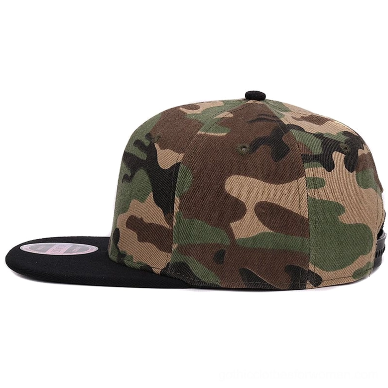 Camouflage snapback baseball cap rear flat view showing fabric crown button adjustable strap closure