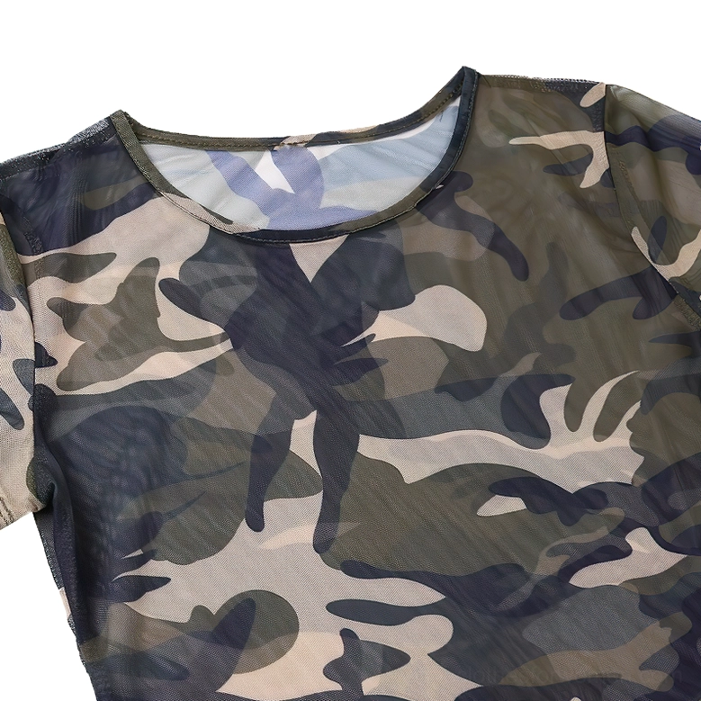 Close-up detail of crew neck and sheer mesh fabric on camouflage gothic mini dress