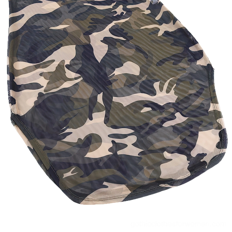 Full camouflage pattern close-up on sheer mini dress showing curved hem construction