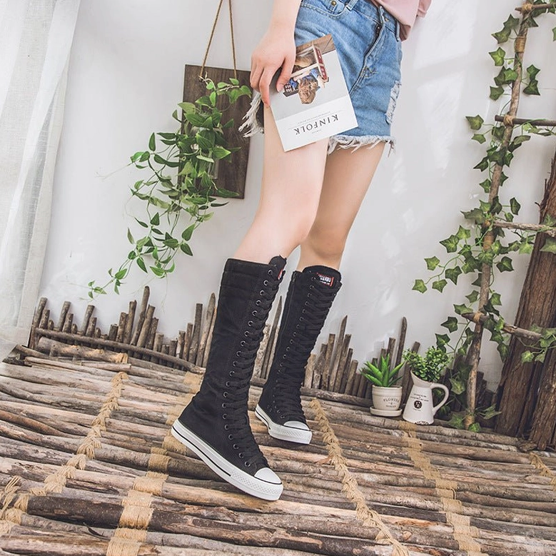 White and black canvas gothic boots size comparison multiple sizes available