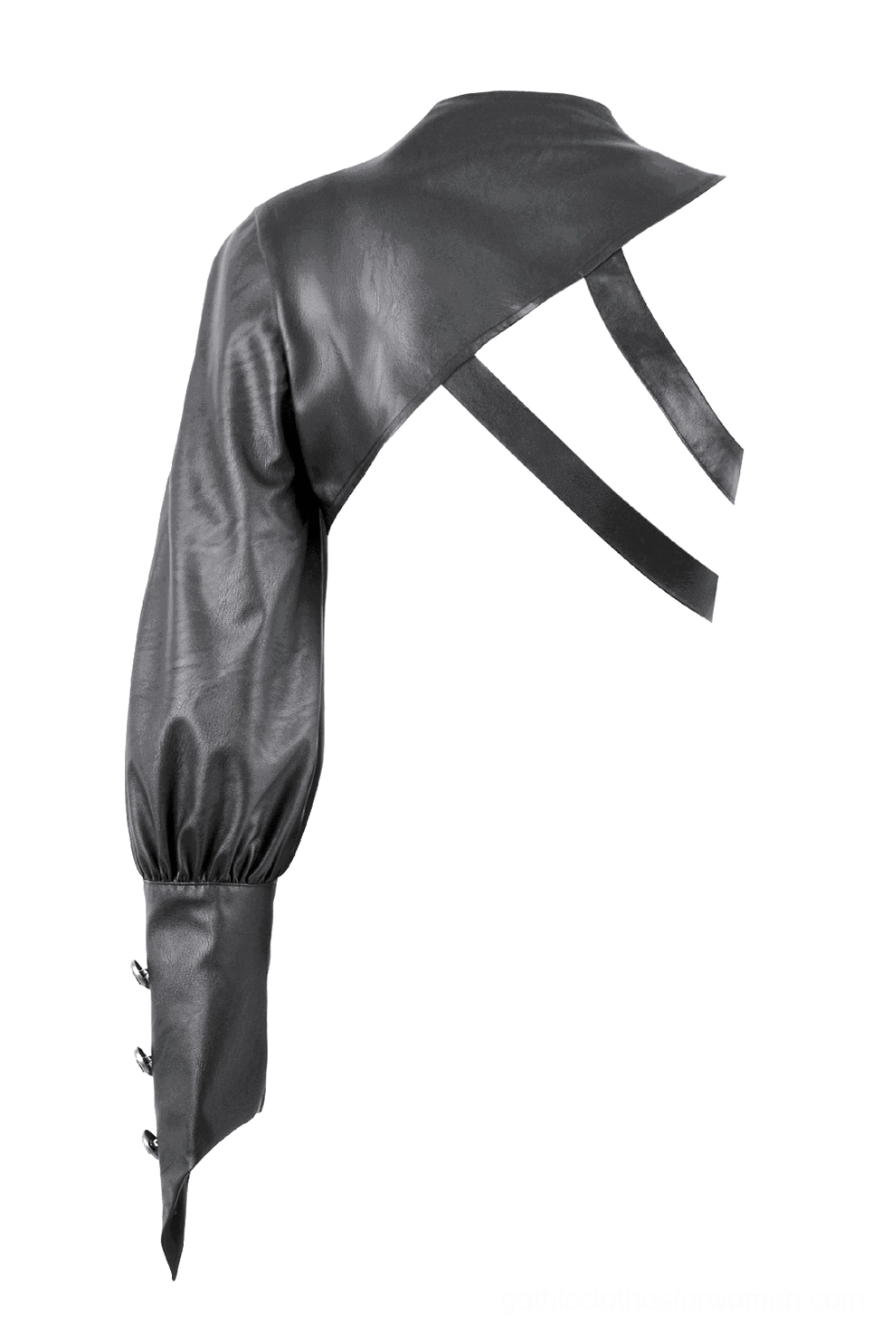 Right side view of asymmetric cape showing back strap design and matte leather construction, gothic punk styling