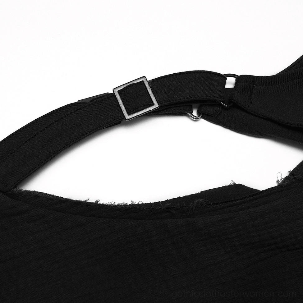 Close-up hardware detail of post-apocalyptic cape vest, adjustable strap with square buckle and D-ring fastener