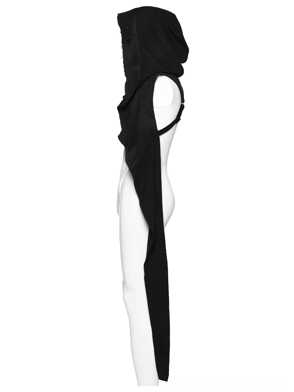 Post-apocalyptic black hooded cape vest side view on mannequin, slim trailing panel and sleeveless construction detail