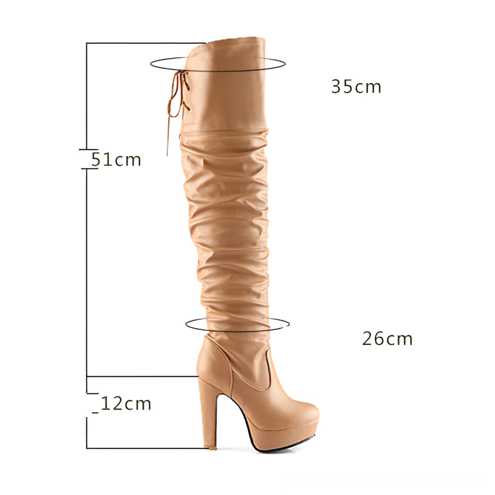 Caramel tan gothic over-the-knee boot with size specifications and dimension labels, side profile
