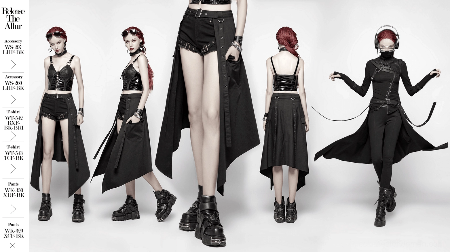 Black cargo mini skirt styled detail shot showing adjustable belt system metal grommets and punk rock aesthetic appeal