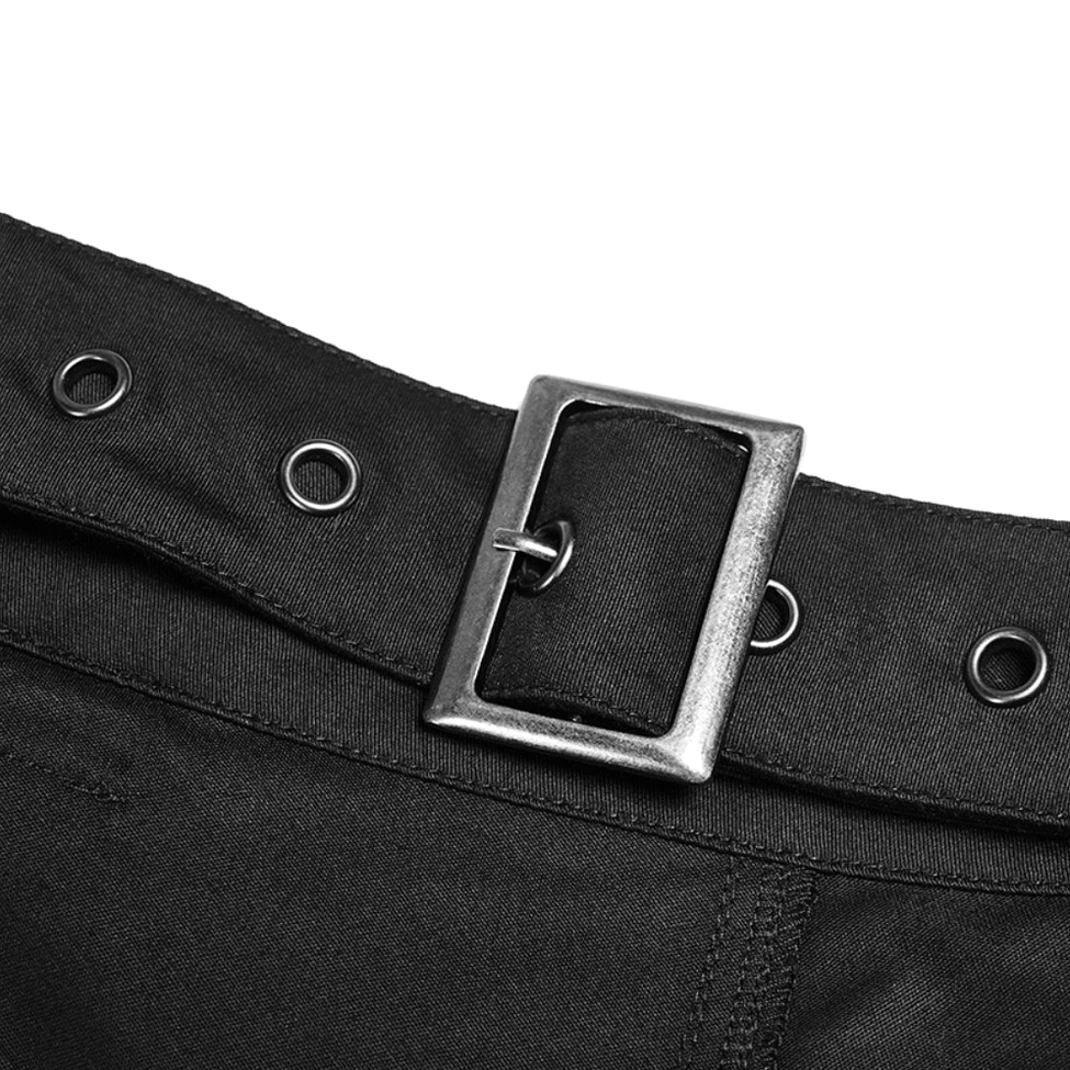Close-up detail shot of black cargo skirt waist belt with metal square buckle and mounting grommets on canvas-style fabric
