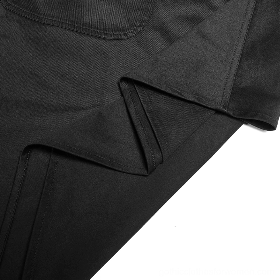 Close-up view of black cargo pocket with flapped pocket design showing clean seam finishing and solid fabric texture