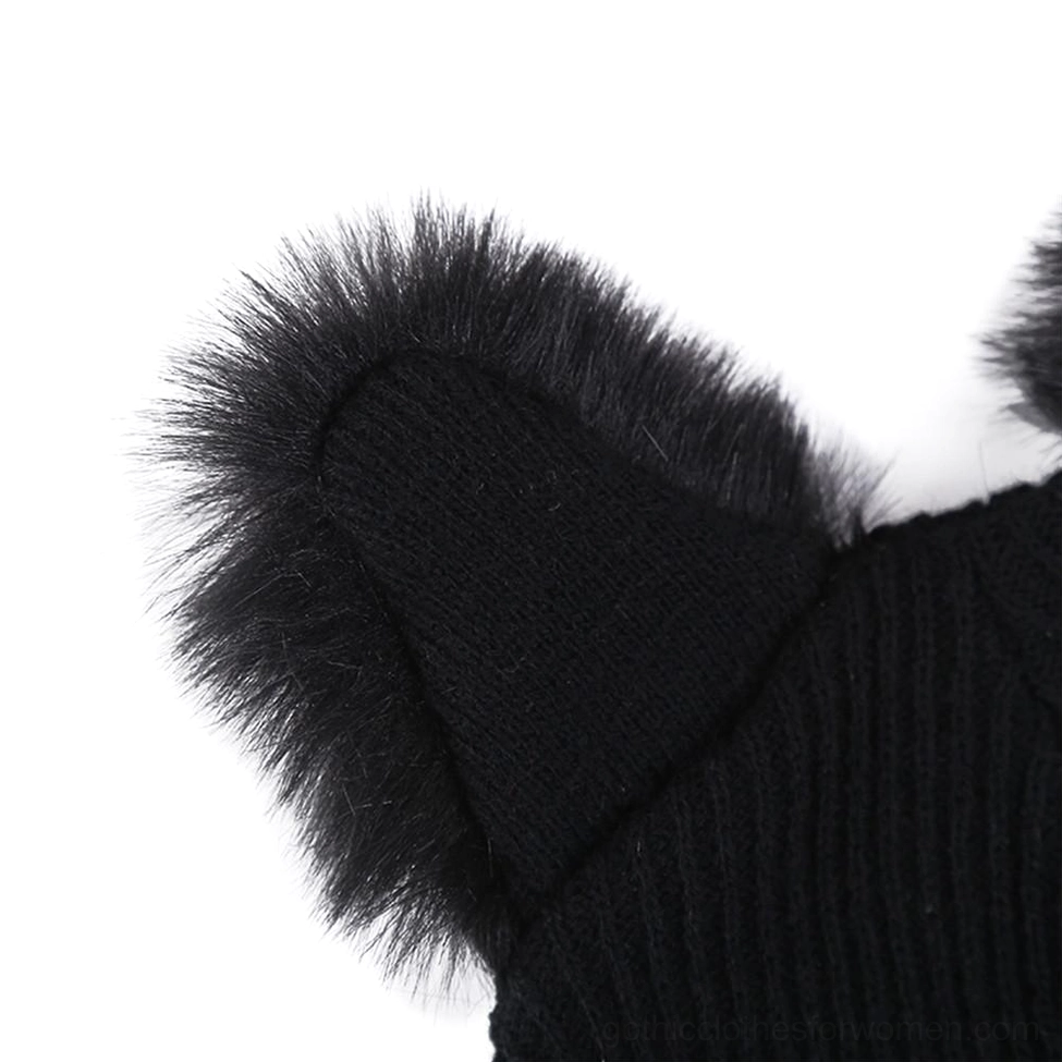 Close-up of faux fur cat ear trim on black ribbed knit beanie - detail shot
