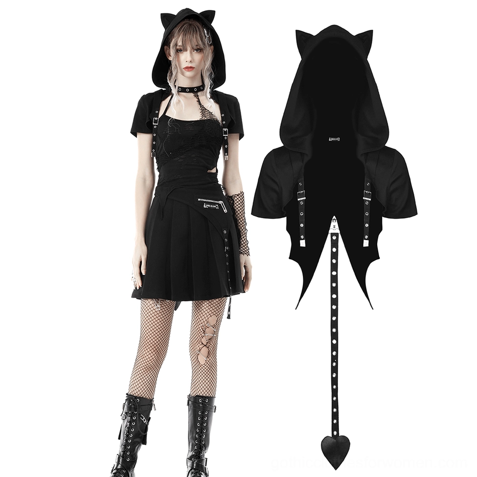 Goth crop top with detachable heart tail and cat ear hood - flat lay with hood and tail set