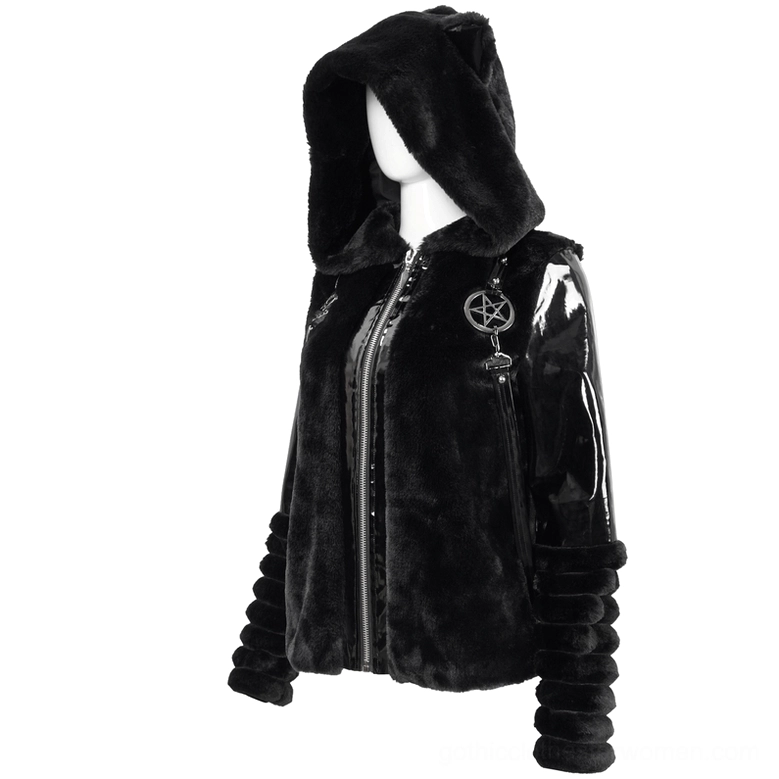 Gothic fuzzy cat ear hooded jacket three-quarter side view with pentagram pendant and zipper fastener