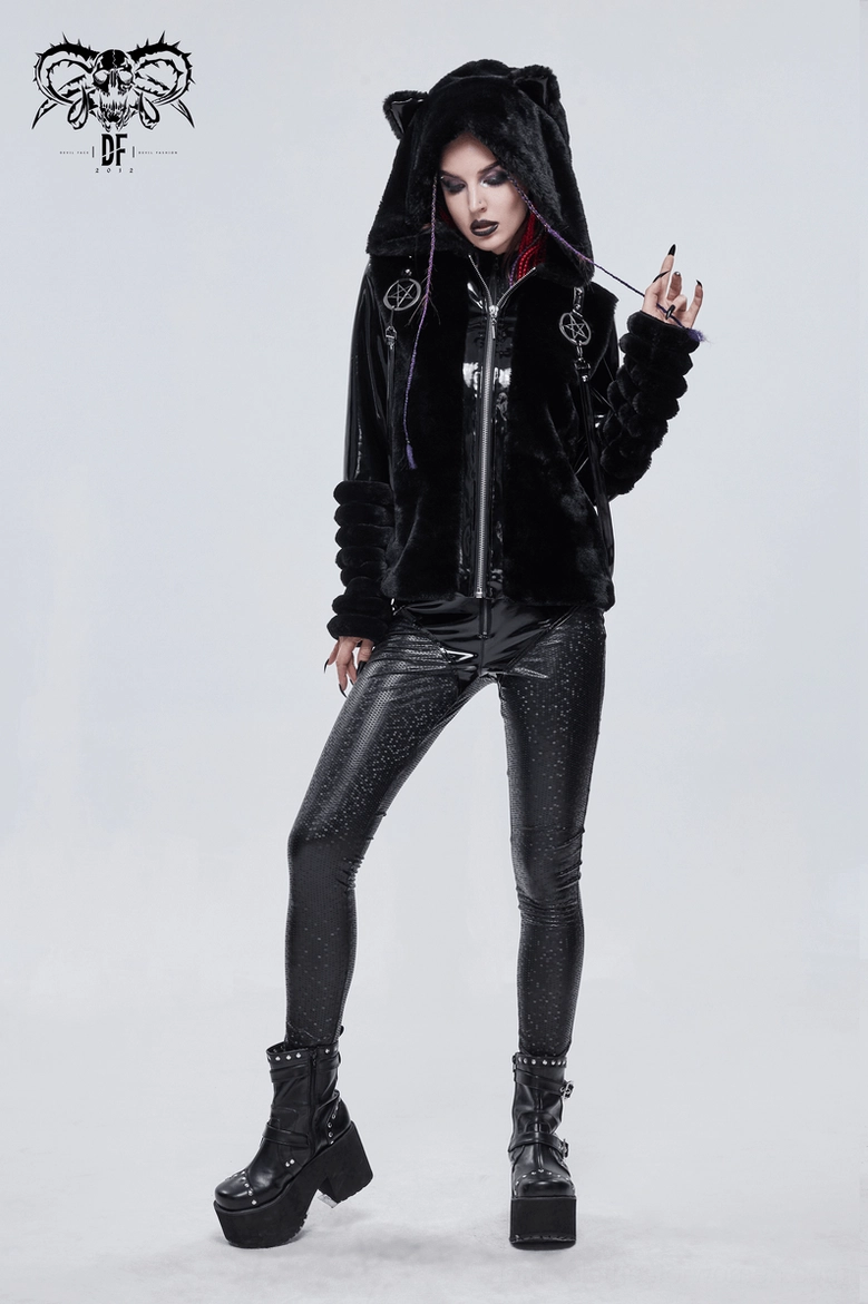 Gothic cat ear fuzzy jacket front profile with pentagram embellishment and patent leather details