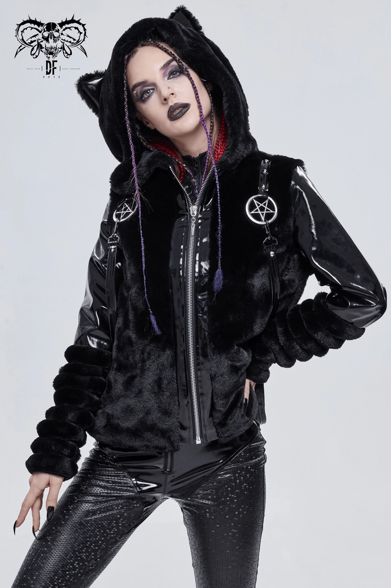 Fuzzy black cat ear hooded jacket showing loose silhouette fit and comfortable design