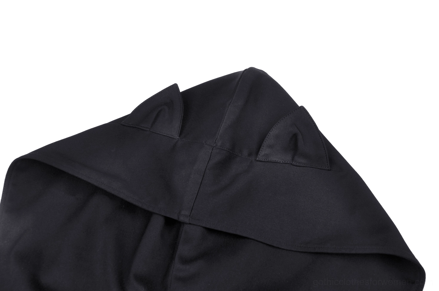 Structured cat ear hood detail on black crop top - close-up showing ear construction