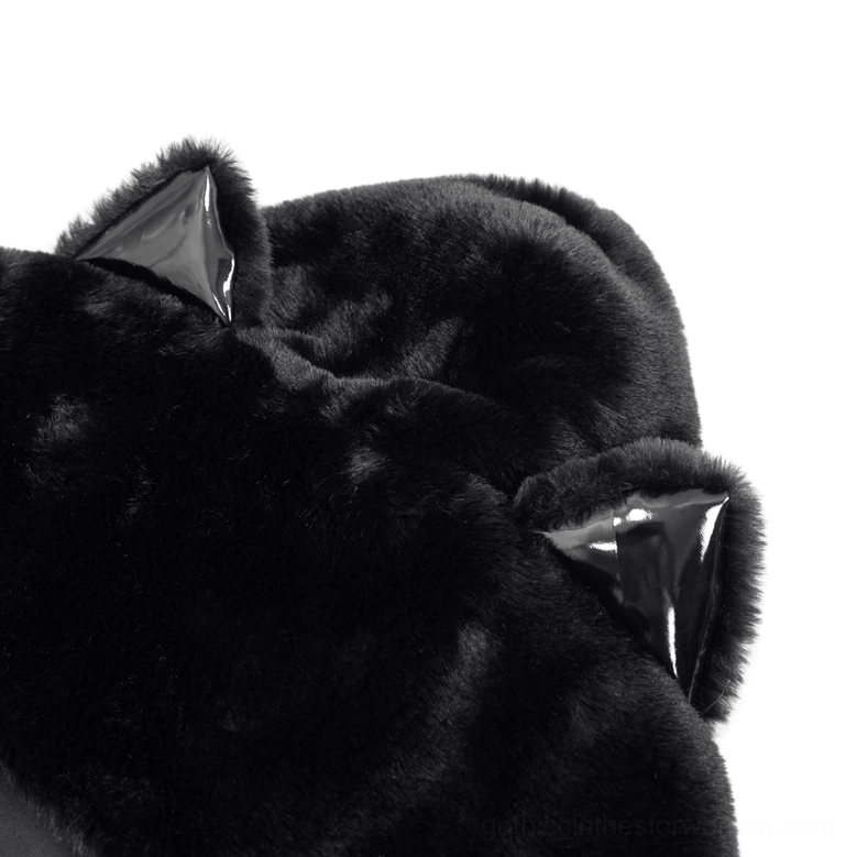 Close-up detail of black patent leather cat ear hood with fuzzy fur on gothic jacket