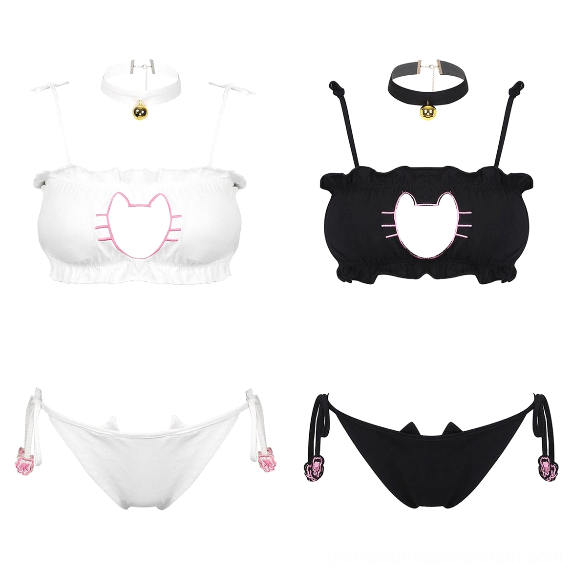 Cat gothic lingerie costume set full view with bell choker and padded bra top