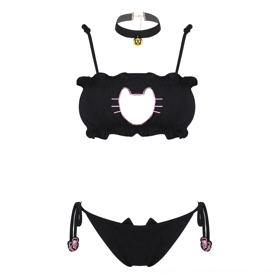 Gothic cat lingerie set components displayed flat - bra, briefs, and bell choker separated