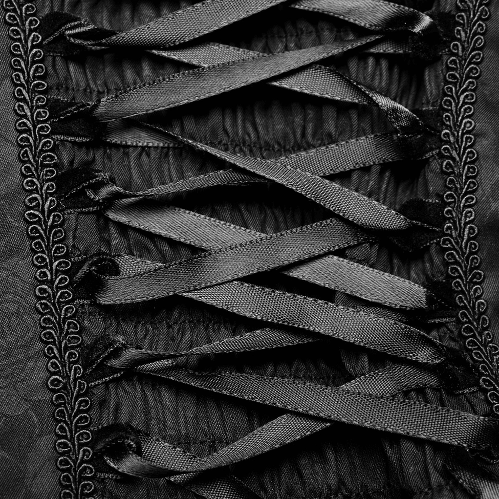 Close-up detail of Celestia gothic dress lace-up back closure showing satin ribbon lacing and embroidered side trim