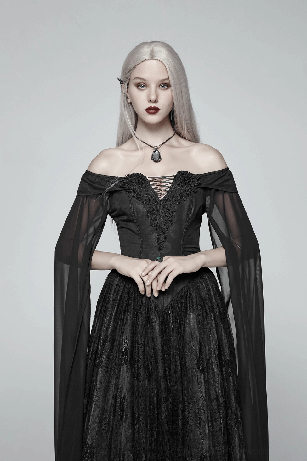 Celestia Victorian gothic lace dress alternative angle highlighting dress form and romantic cape sleeve construction