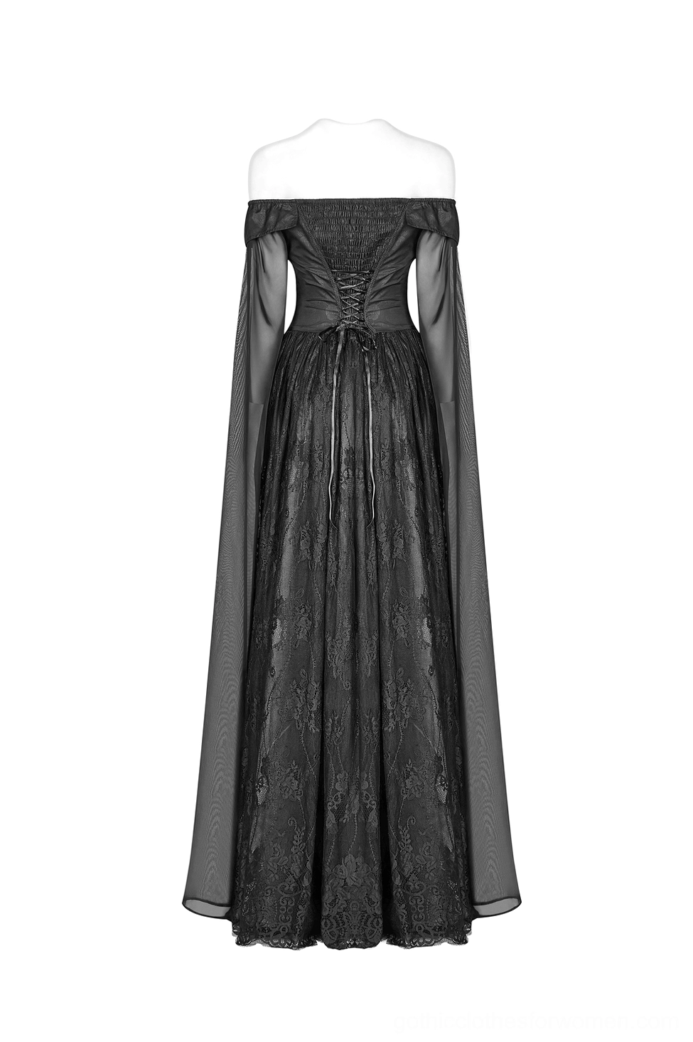 Celestia gothic dress back view on mannequin displaying adjustable ribbon lace-up construction and floor-length lace detail