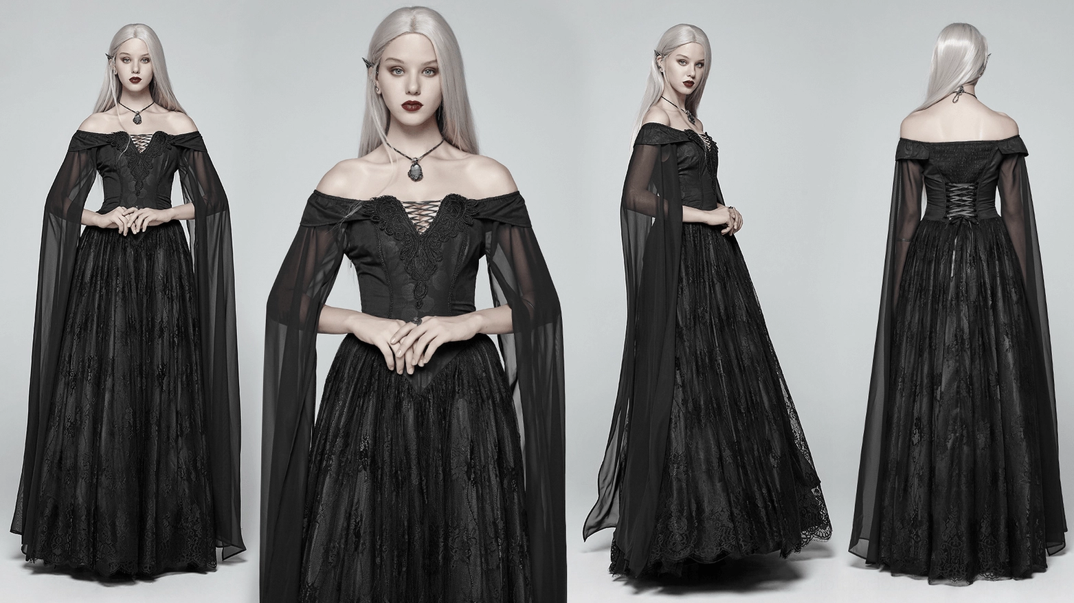 Celestia gothic Victorian dress complete silhouette on mannequin showing balanced proportions of structured bodice and flowing skirt