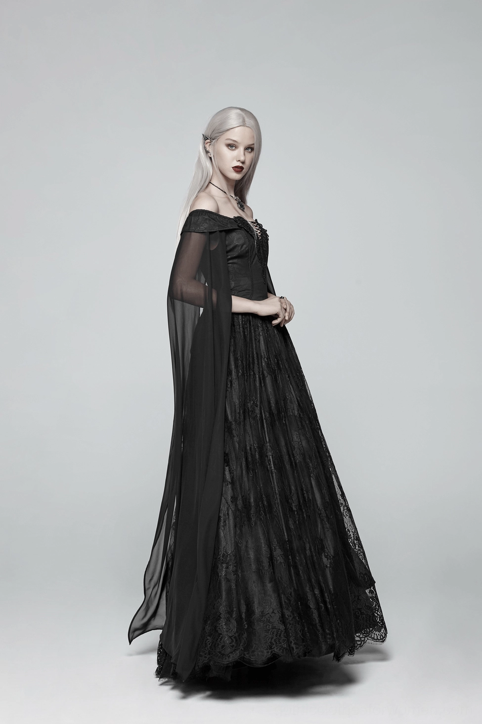 Celestia gothic maxi dress creative styling shot displaying overall silhouette with off-shoulder neckline and floor-length construction