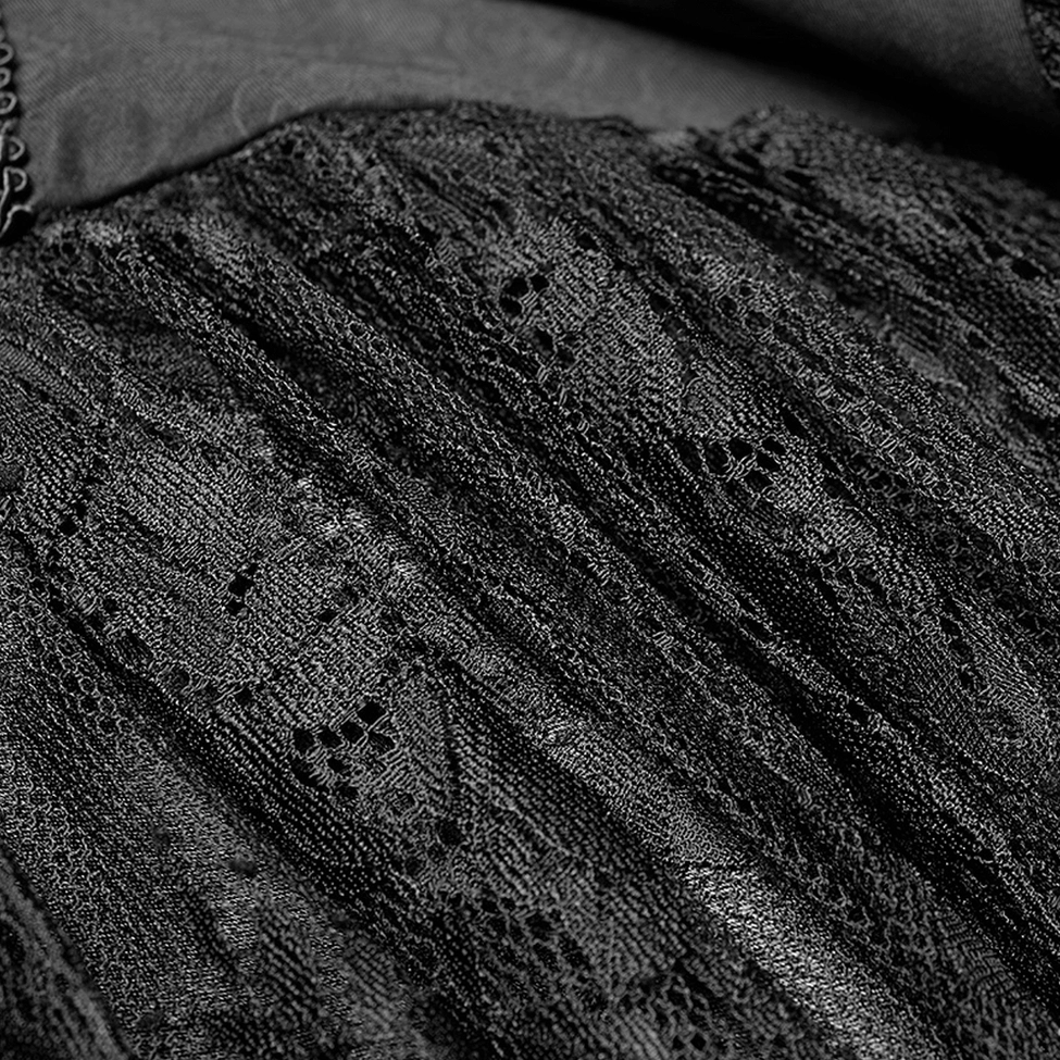Texture close-up of Celestia gothic dress showing black floral lace pattern and sheer mesh layering on bodice