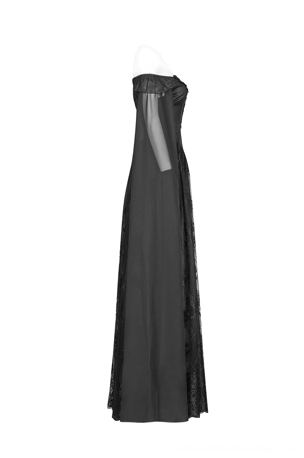 Celestia gothic Victorian dress side profile view showcasing form-fitting jacquard bodice and ethereal sheer sleeve draping