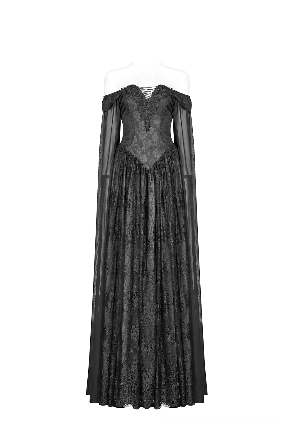 Celestia gothic maxi dress front full view on dress form displaying off-shoulder neckline, sheer cape sleeves, and floor-length lace construction