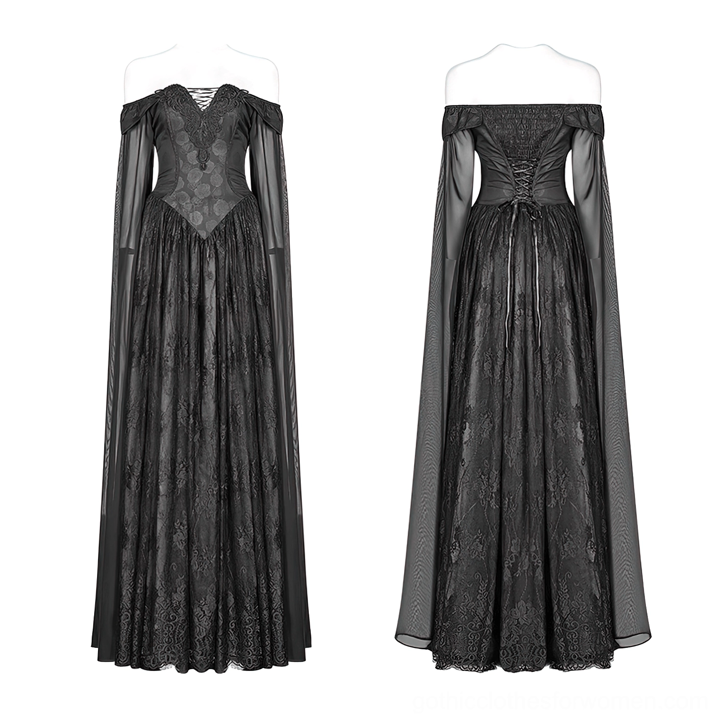 Celestia Victorian gothic lace dress front and back full-length view on display mannequin showing corset bodice and floral lace skirt
