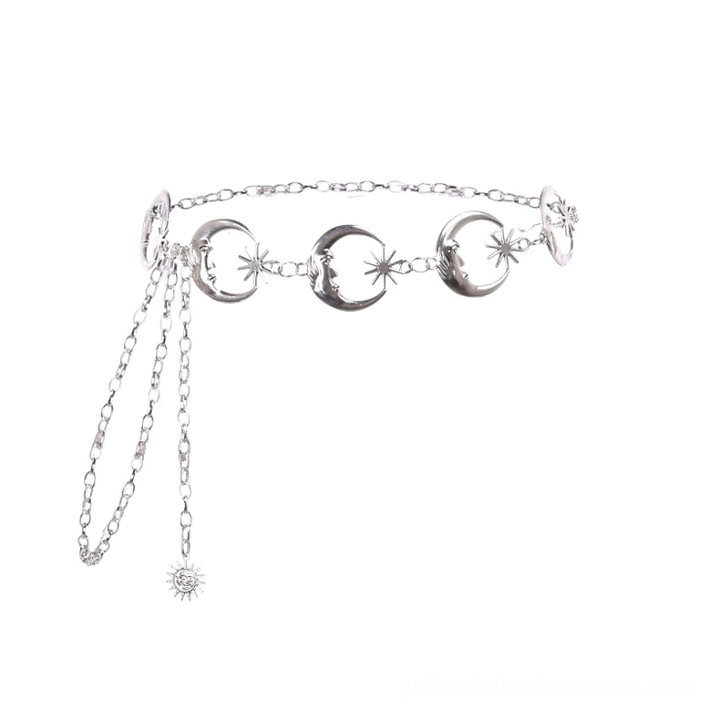Silver tassel chain waist belt with sun drop charms and crescent links flat lay top-down view