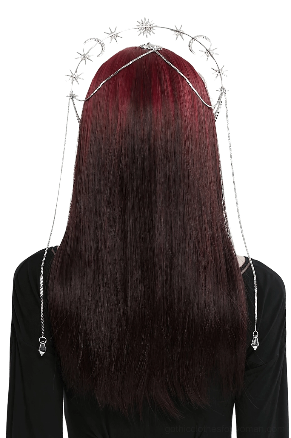 Gothic celestial crown back view showing trailing chain tassels and silver metalwork on dark haired model